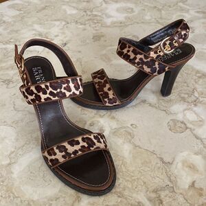 Franco Sarto Cheetah Leopard Print Pony Hair Strappy  Heeled Sandals